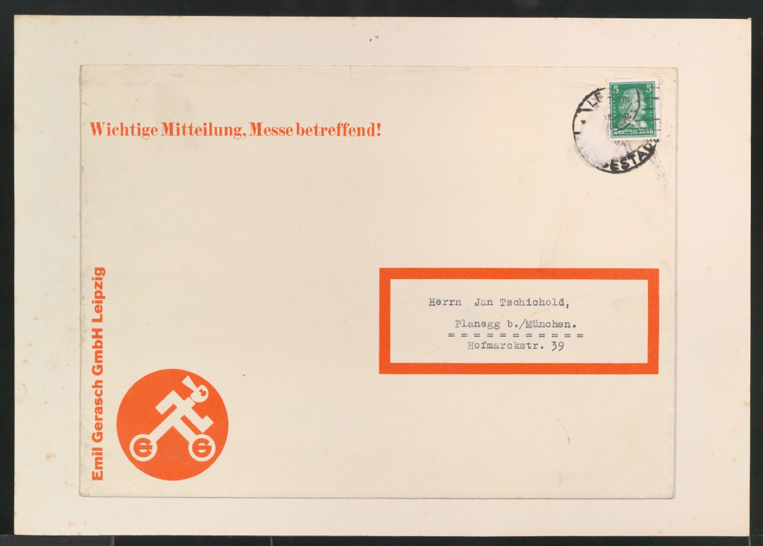 Briefumschlag Wichtige Mitteilung, Messe betreffend — Blatt 1