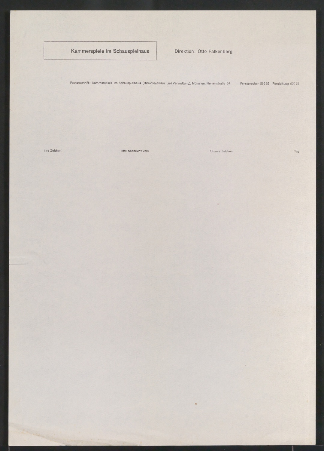 Probedruck von Briefbogen für Kammerspiele im Schauspielhaus — Blatt 1