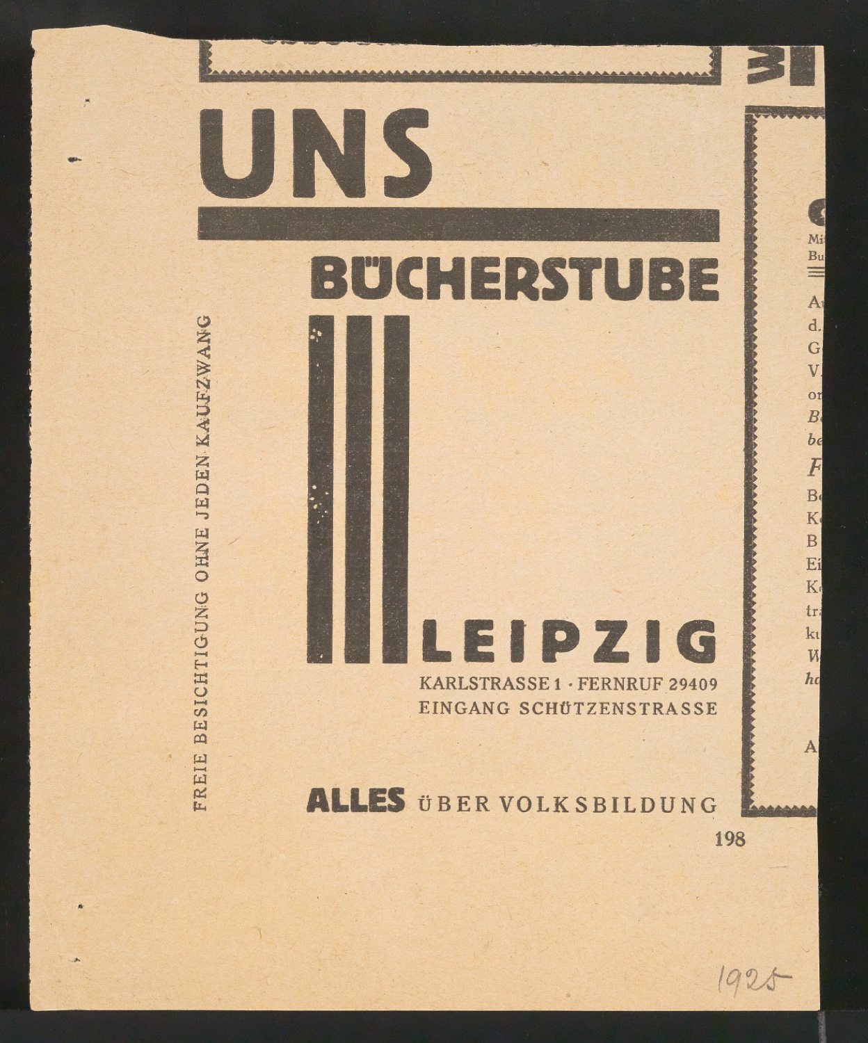 Zeitungsausschnitte mit Anzeigen für UNS-Bücherstube — Blatt 1