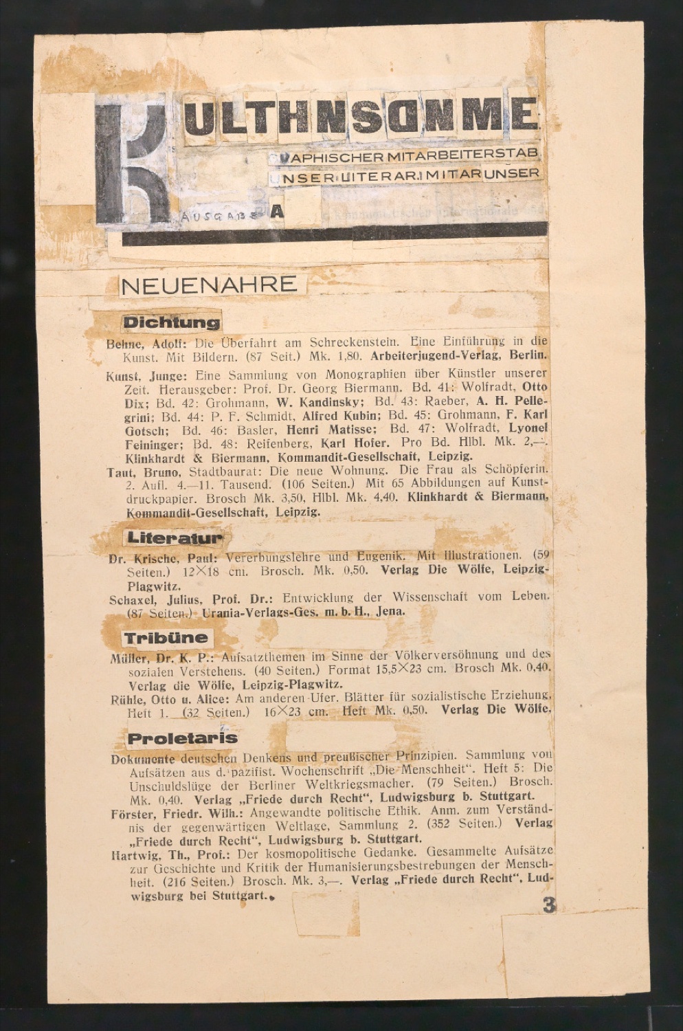 Klebeentwurf für die typografische Gestaltung der Zeitschrift Kulturschau — Blatt 1