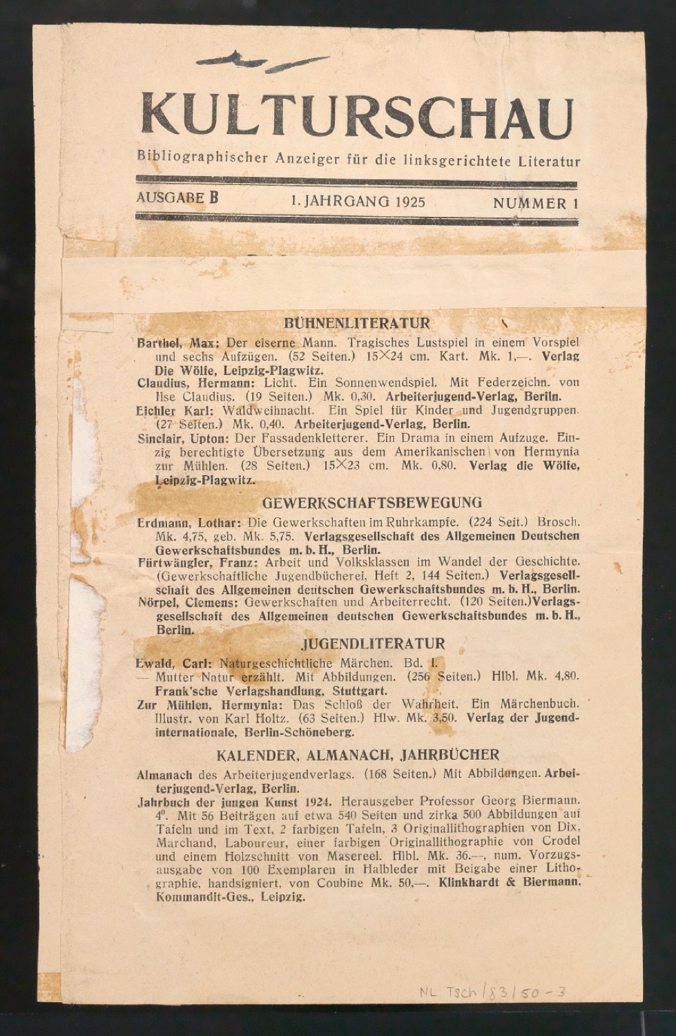 Klebeentwurf für die typografische Gestaltung der Zeitschrift Kulturschau — Blatt 2