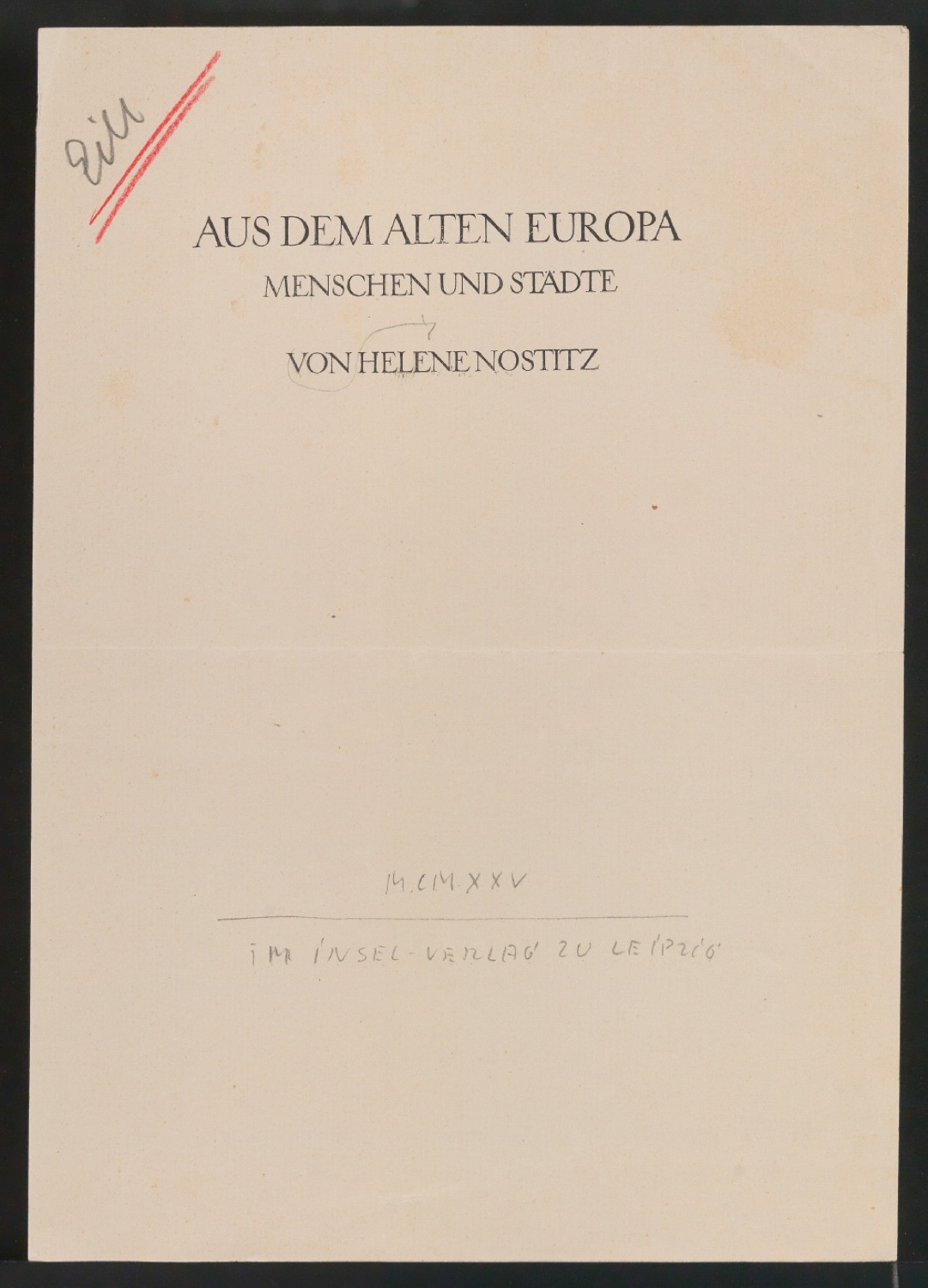 Korrigierter Probedruck für das Titelblatt von Aus dem alten Europa — Blatt 1