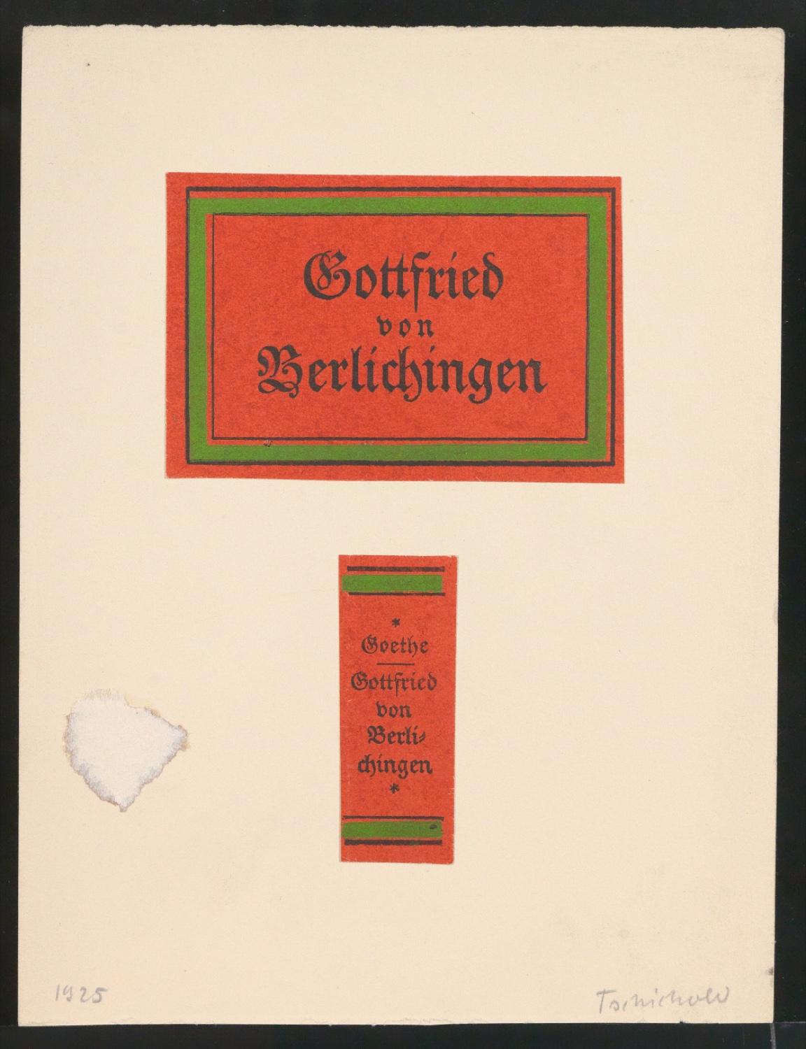 Montierte Probedrucke für Titelschild und Rückenschild von Gottfried von Berlichingen — Blatt 1