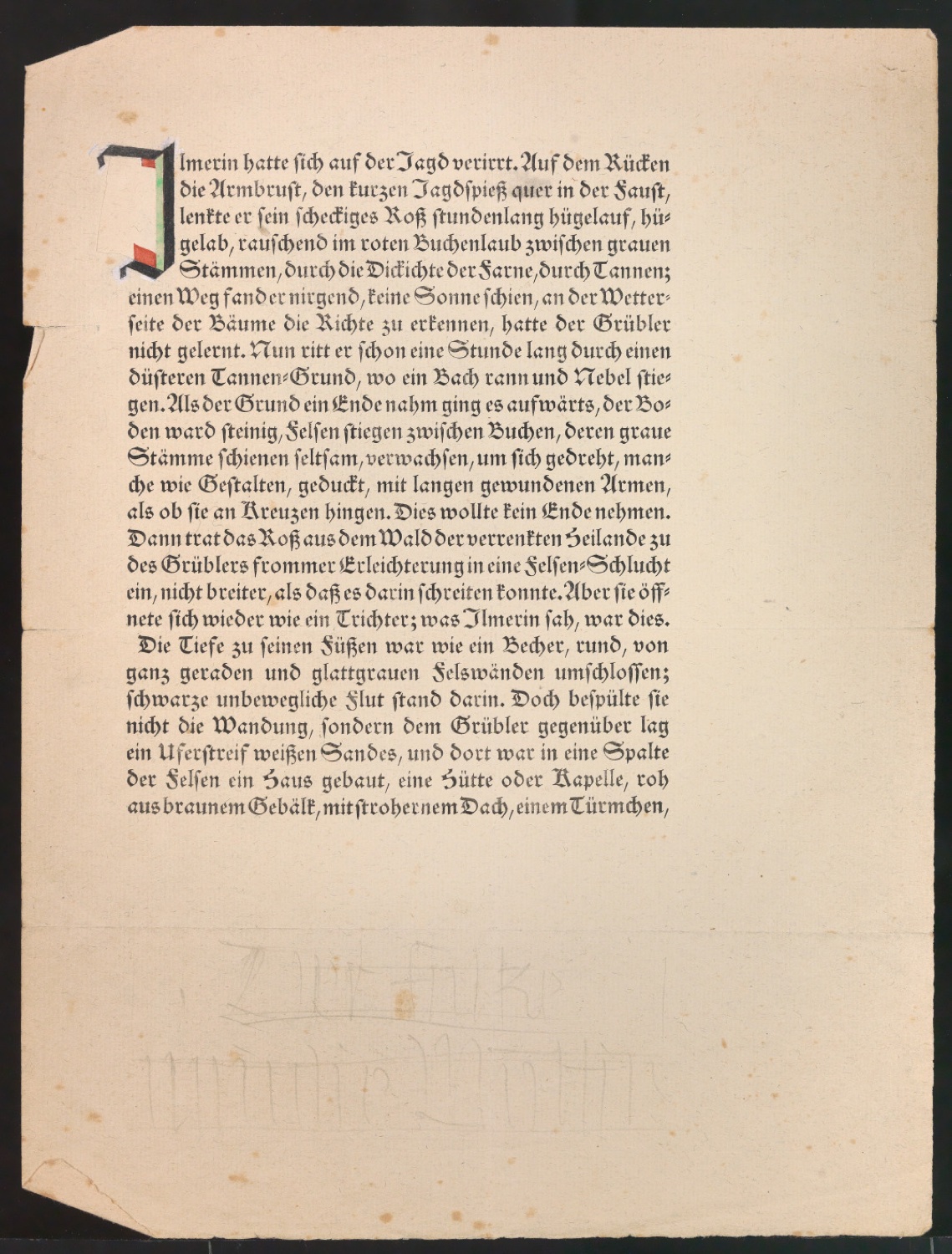 Entwurf einer Initiale auf einem Probedruck für Der Falke und die Wölfin — Blatt 1