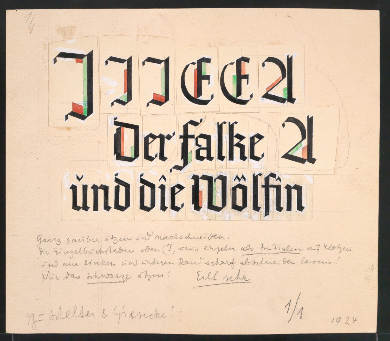Handgezeichnete Satzvorlage für das Titelblatt und Initialen von Der Falke und die Wölfin — Blatt 1