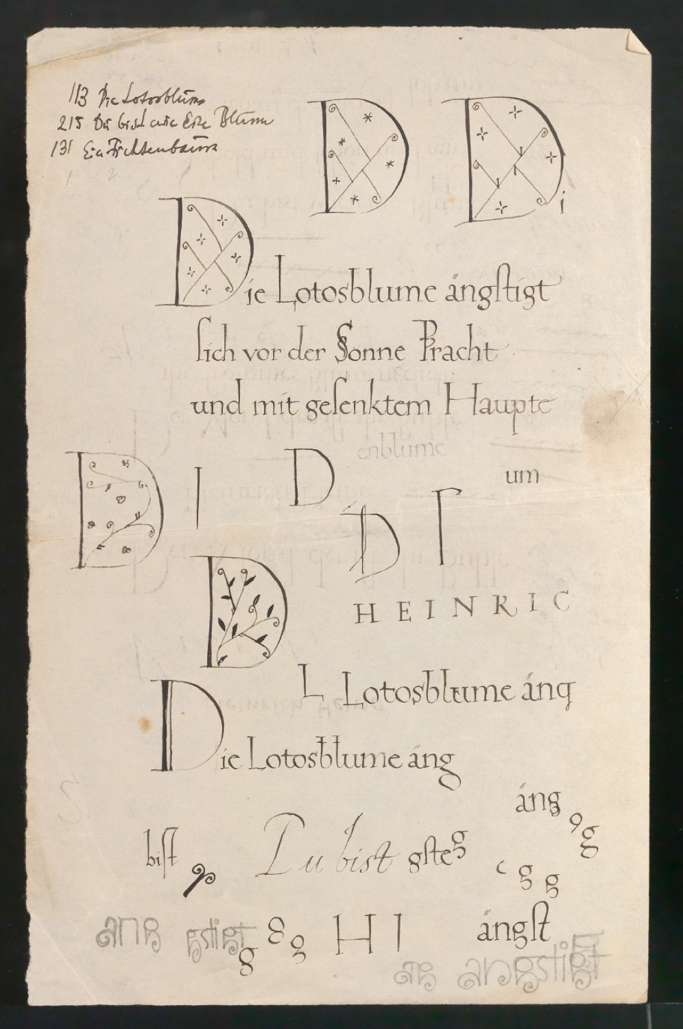 Schriftübungen und Skizzen von Verzierungen und Initialen zu Heinrich Heines Lyrisches Intermezzo — Blatt 1