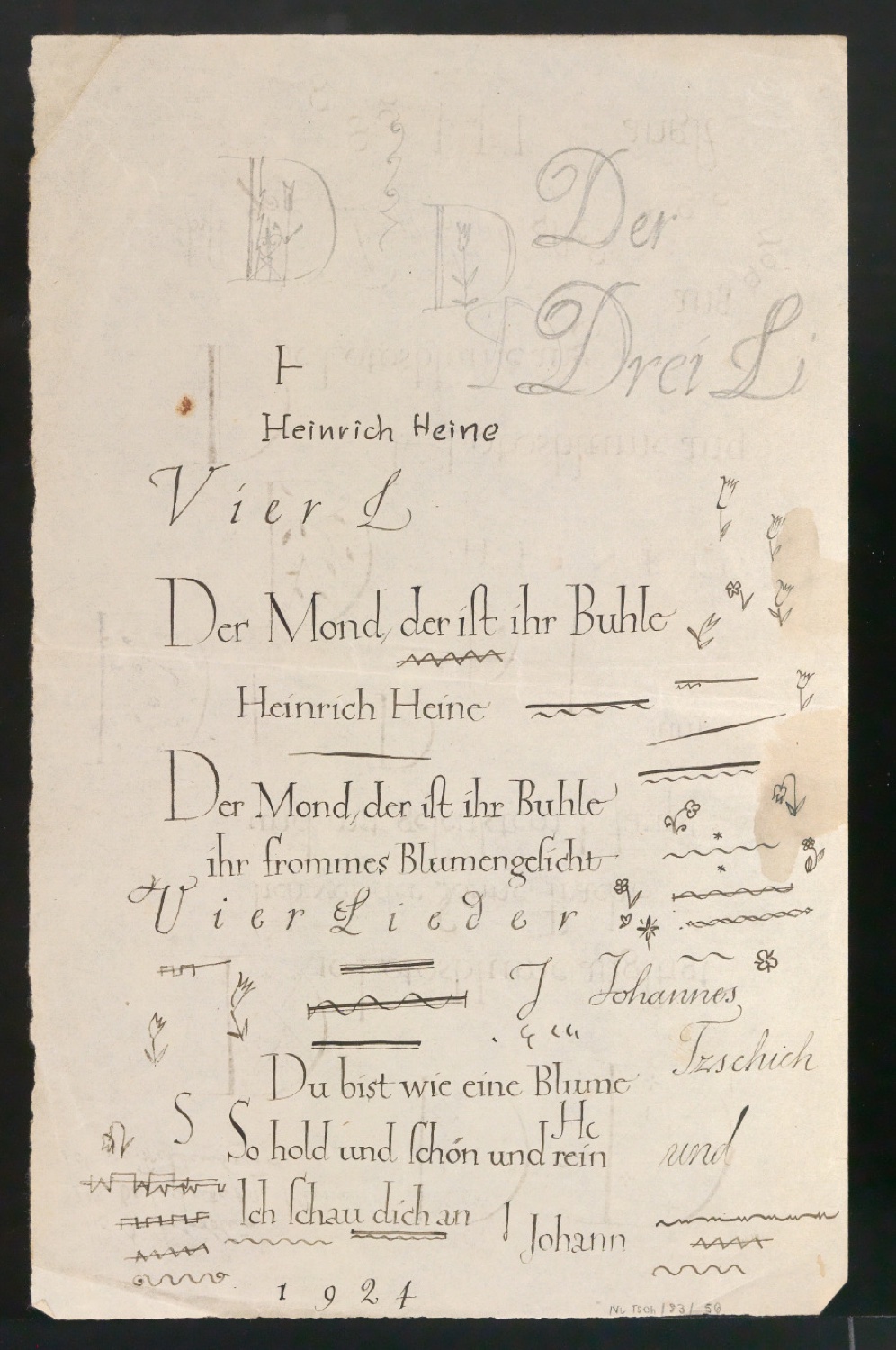 Schriftübungen und Skizzen von Verzierungen und Initialen zu Heinrich Heines Lyrisches Intermezzo — Blatt 2