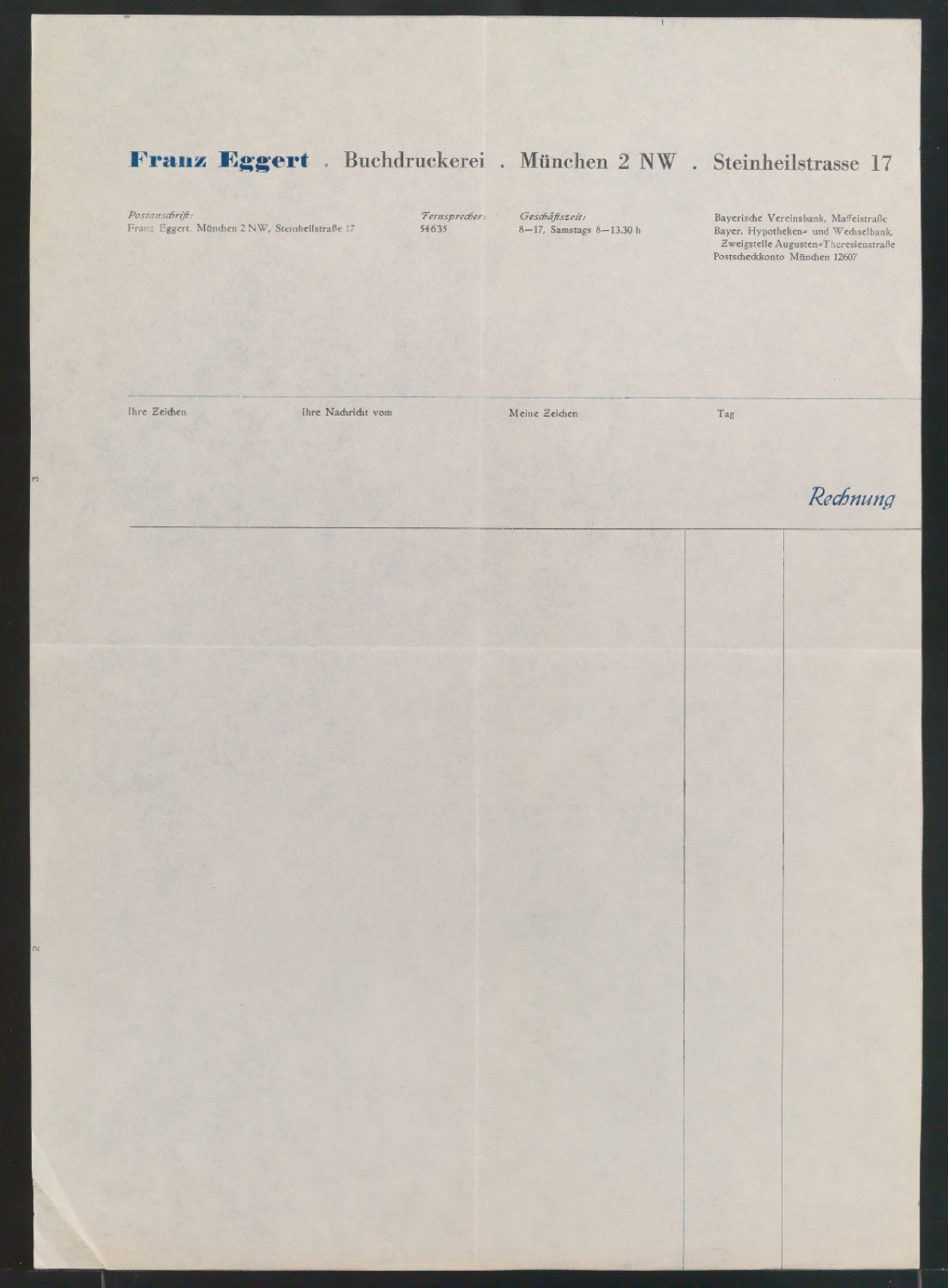 Entwurfszeichnung und Probedruck von Rechnungsvordruck für Buchdruckerei Franz Eggert — Blatt 1