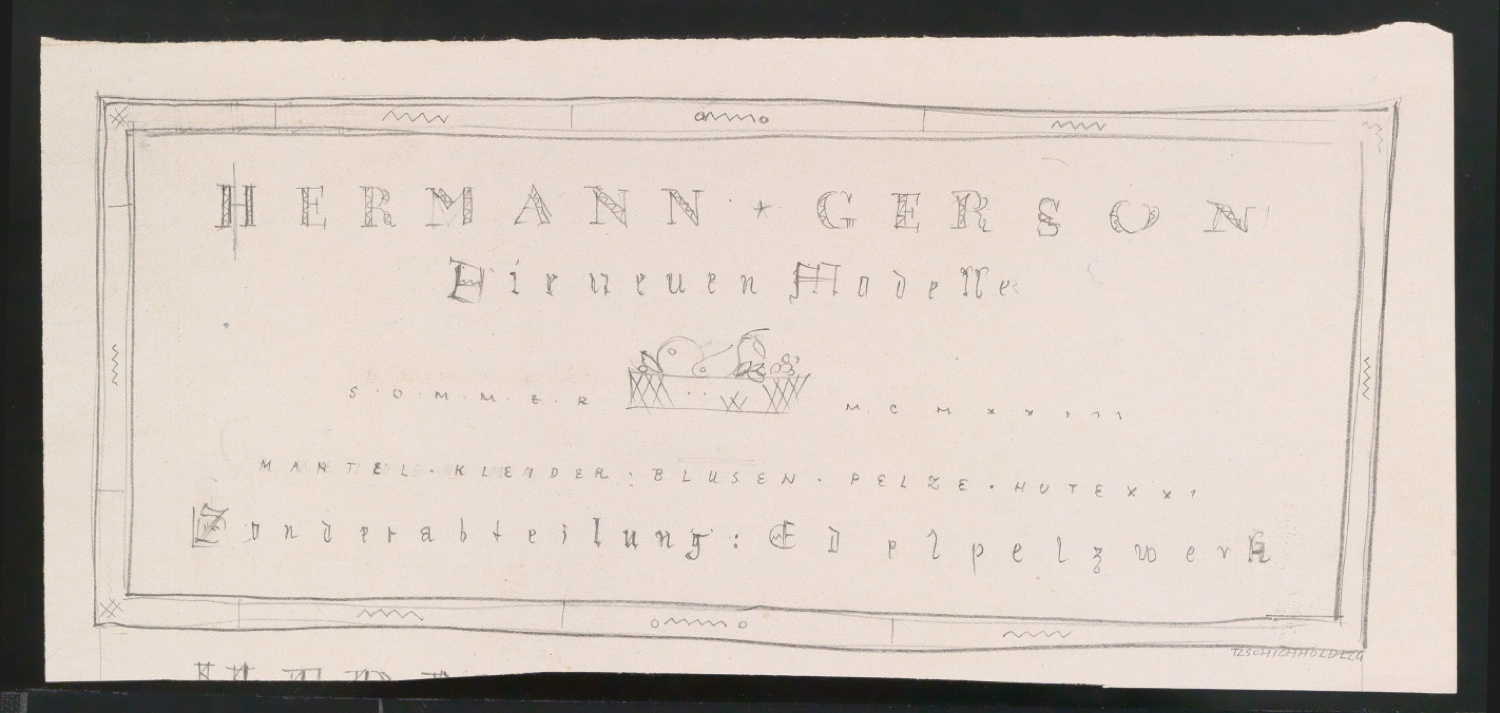 Entwurfsskizze von Anzeige Hermann Gerson Die neuen Modelle — Blatt 1