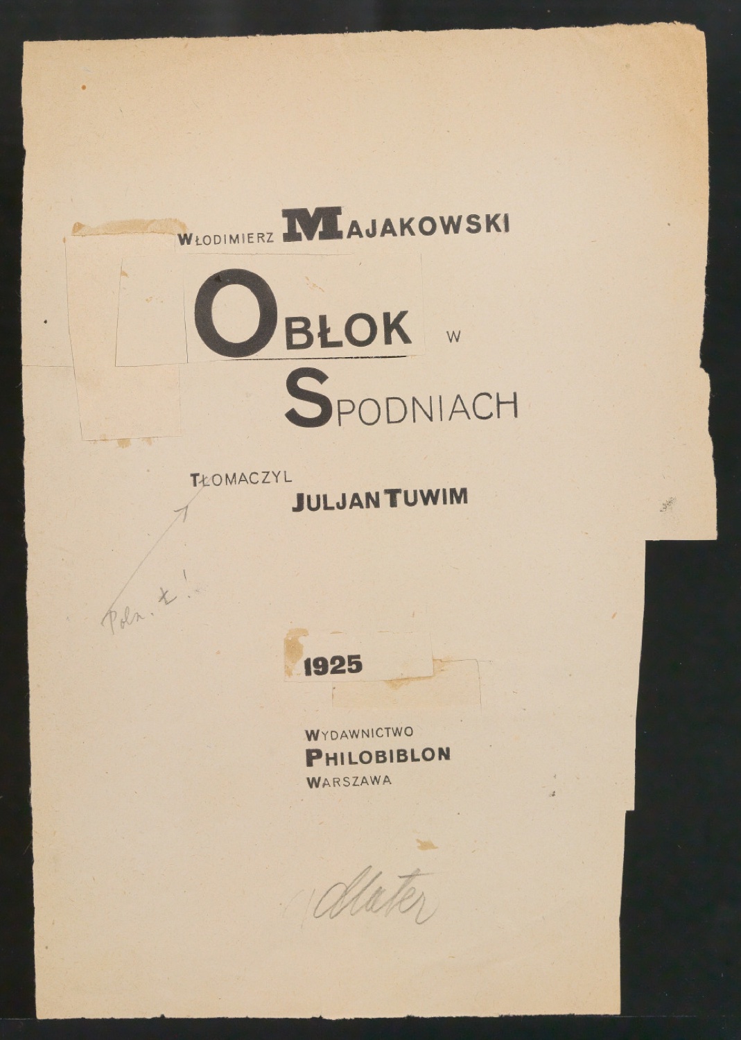 Korrekturfahnen für das Titelblatt von Obłok w spodniach — Blatt 1