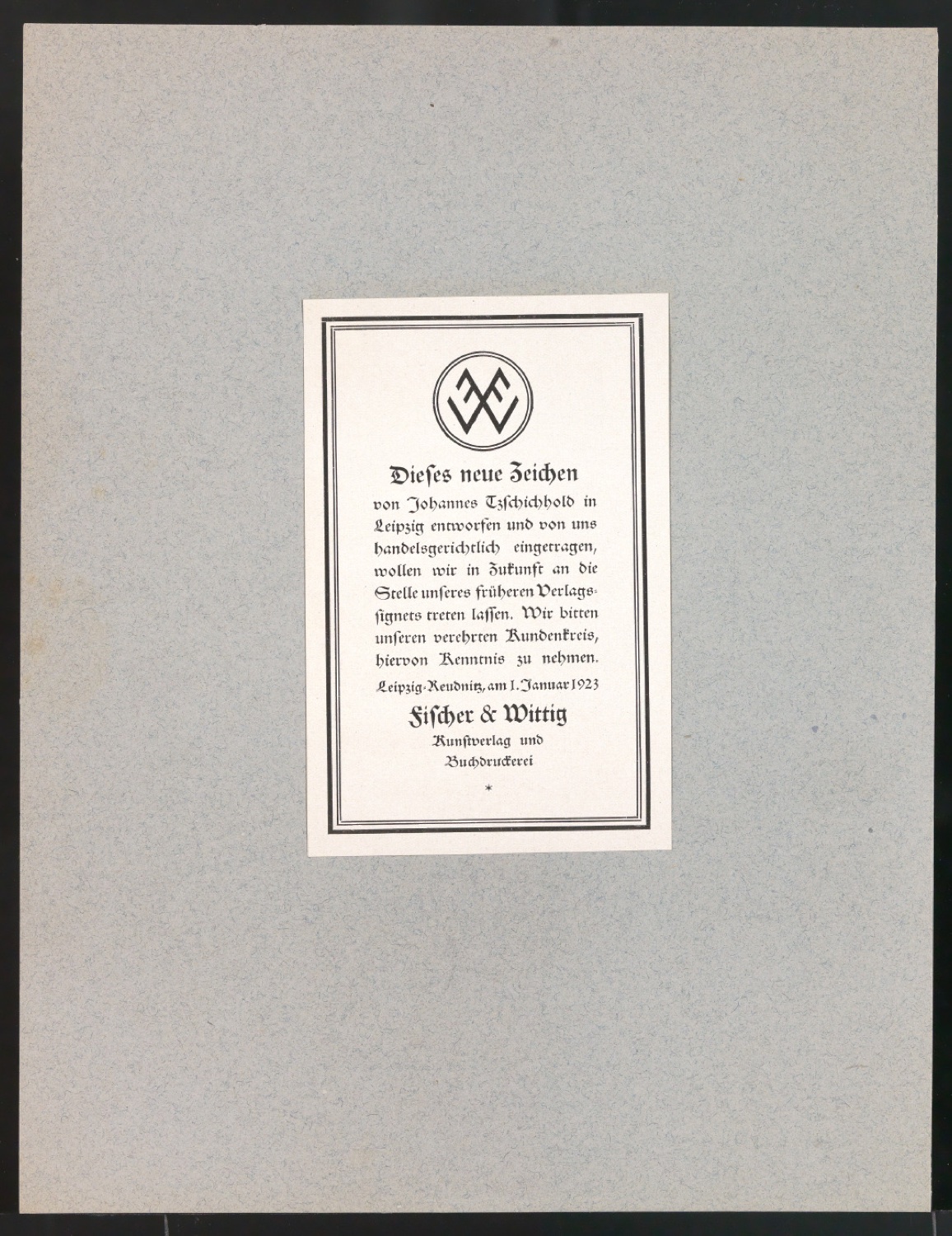 Probedruck von kreisförmigem Firmenzeichen und Kundeninformation für Fischer & Wittig — Blatt 1