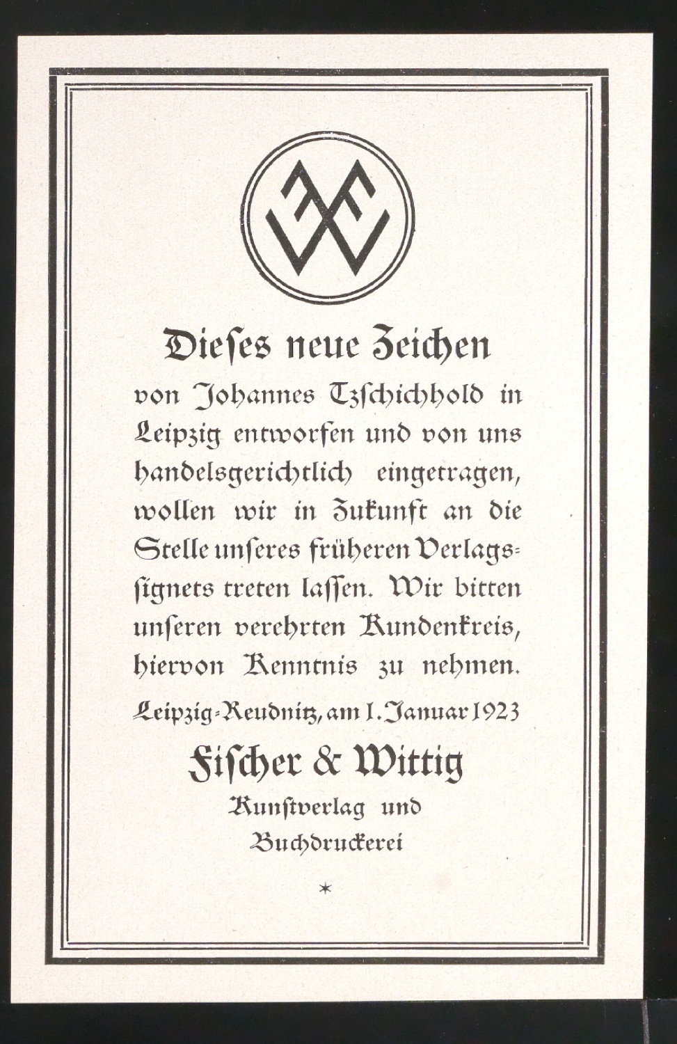Probedruck von kreisförmigem Firmenzeichen und Kundeninformation für Fischer & Wittig — Blatt 3