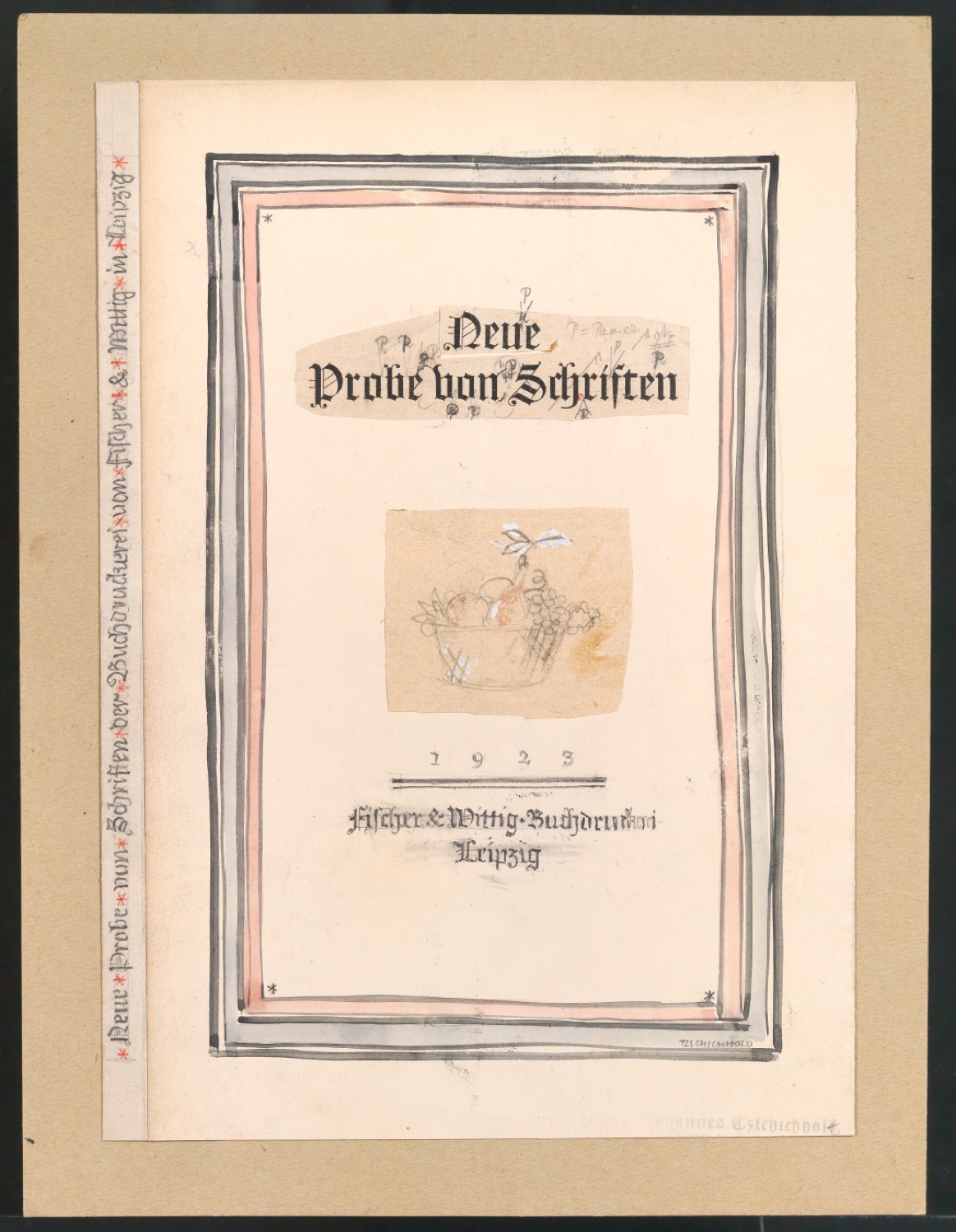 Entwurf und Probedrucke für den Umschlag und Titel von Schriftkatalog Neue Probe von Schriften — Blatt 1