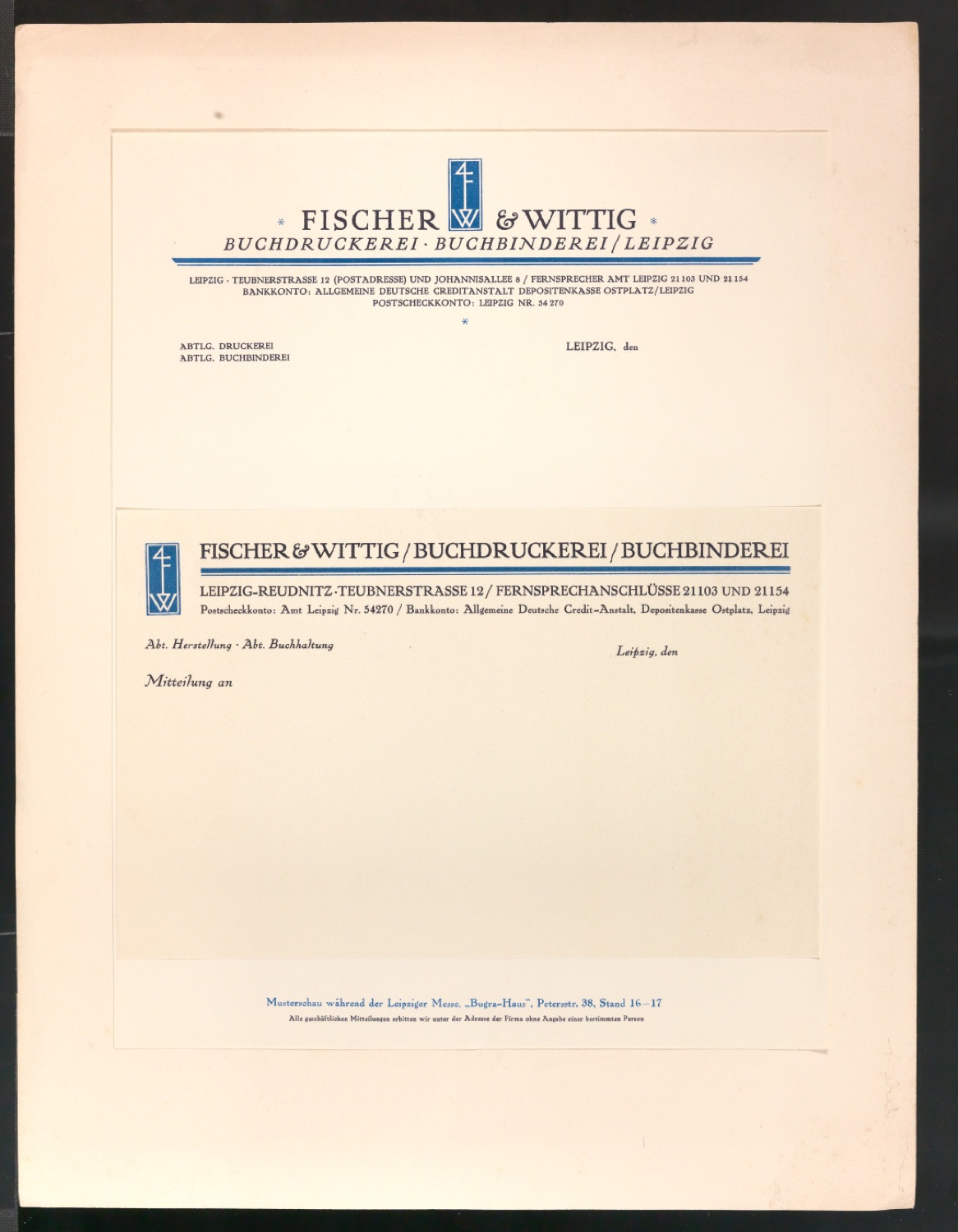 Montierte und lose Belegexemplare von Briefbogen für Fischer & Wittig — Blatt 1