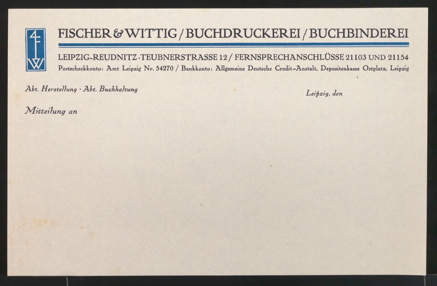 Montierte und lose Belegexemplare von Briefbogen für Fischer & Wittig — Blatt 5