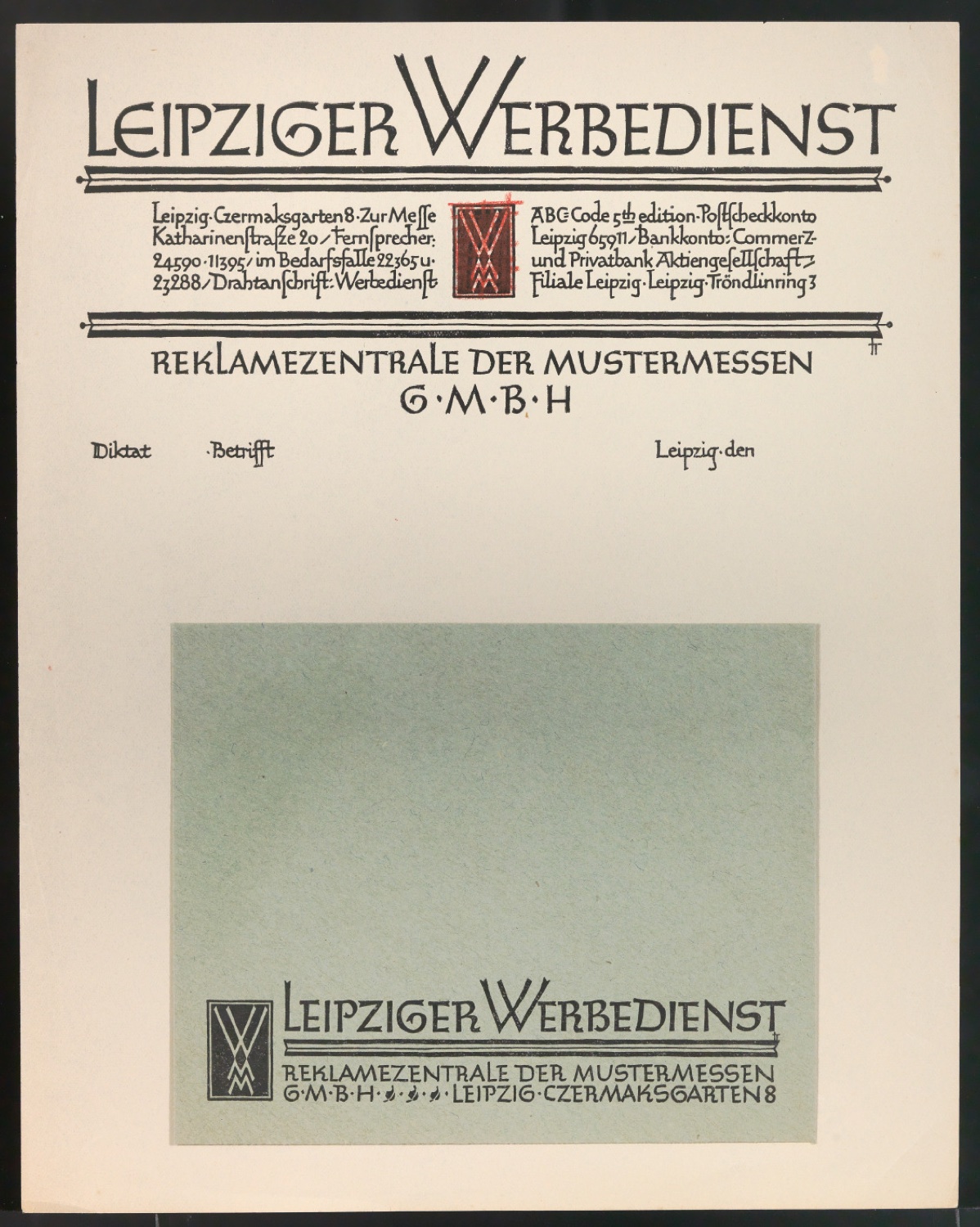 Briefbogen, Rechnungsvordruck und Briefumschläge für Leipziger Werbedienst — Blatt 1