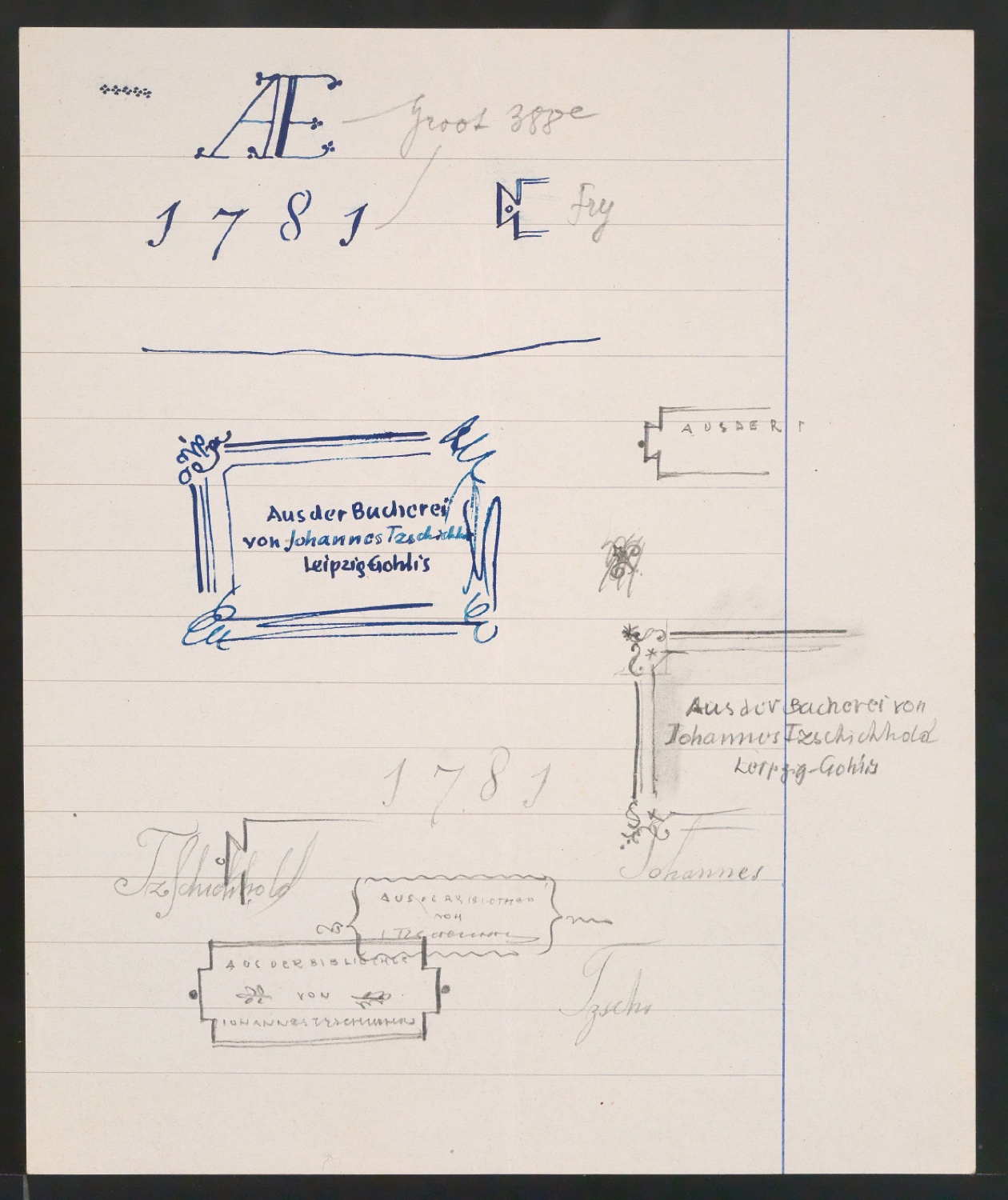 Blatt mit Skizzen von Exlibris für Johannes Tzschichhold — Blatt 1