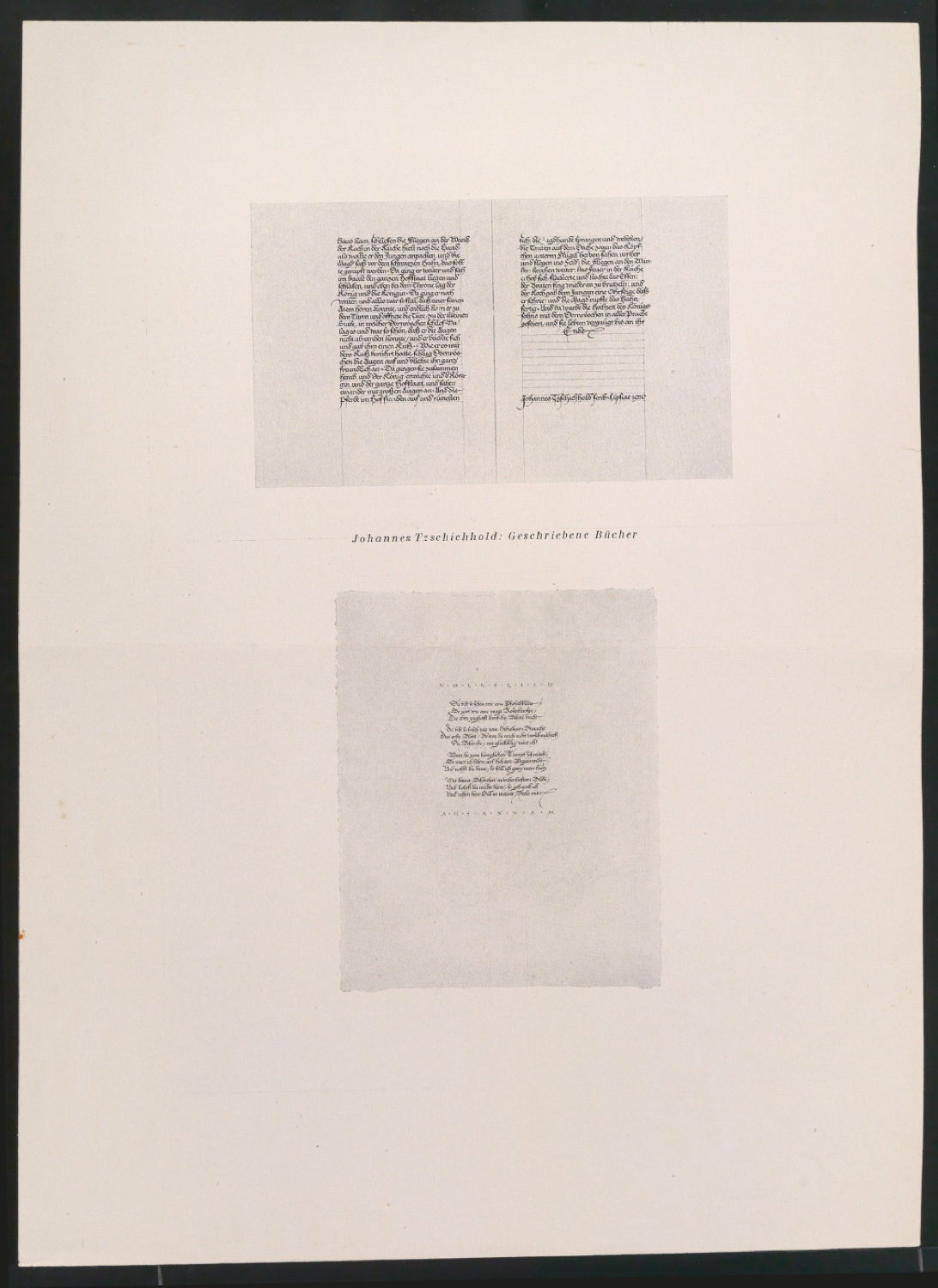 Zeitschriftenausschnitt mit Abbildungen von Geschriebenen Büchern Tschicholds — Blatt 1