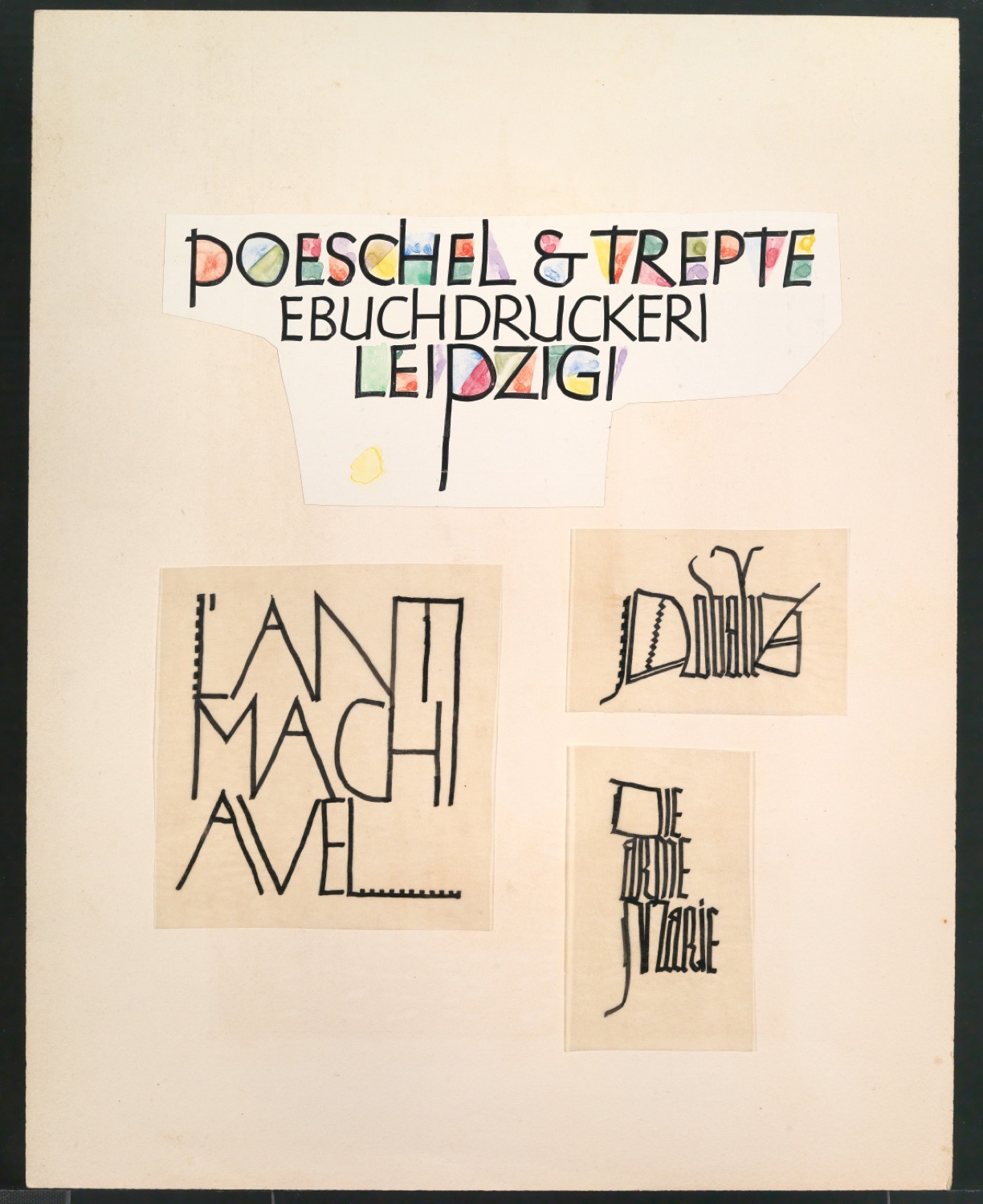 Montierte Tuschezeichnungen mit Schriftzug Poeschel & Trepte Buchdruckerei Leipzig — Blatt 1