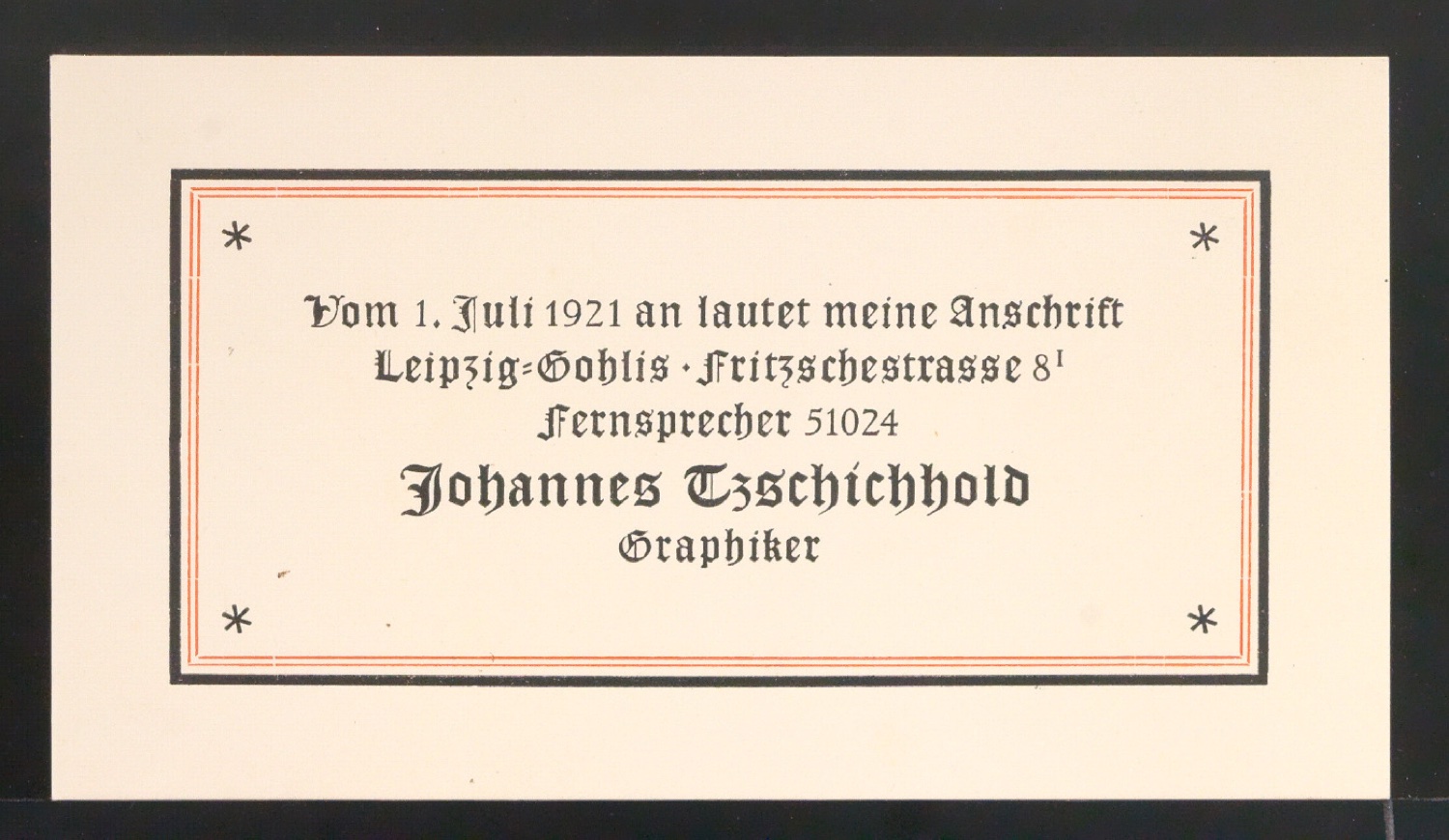 Geschäftskarte mit Mitteilung zur Adressänderung — Blatt 1