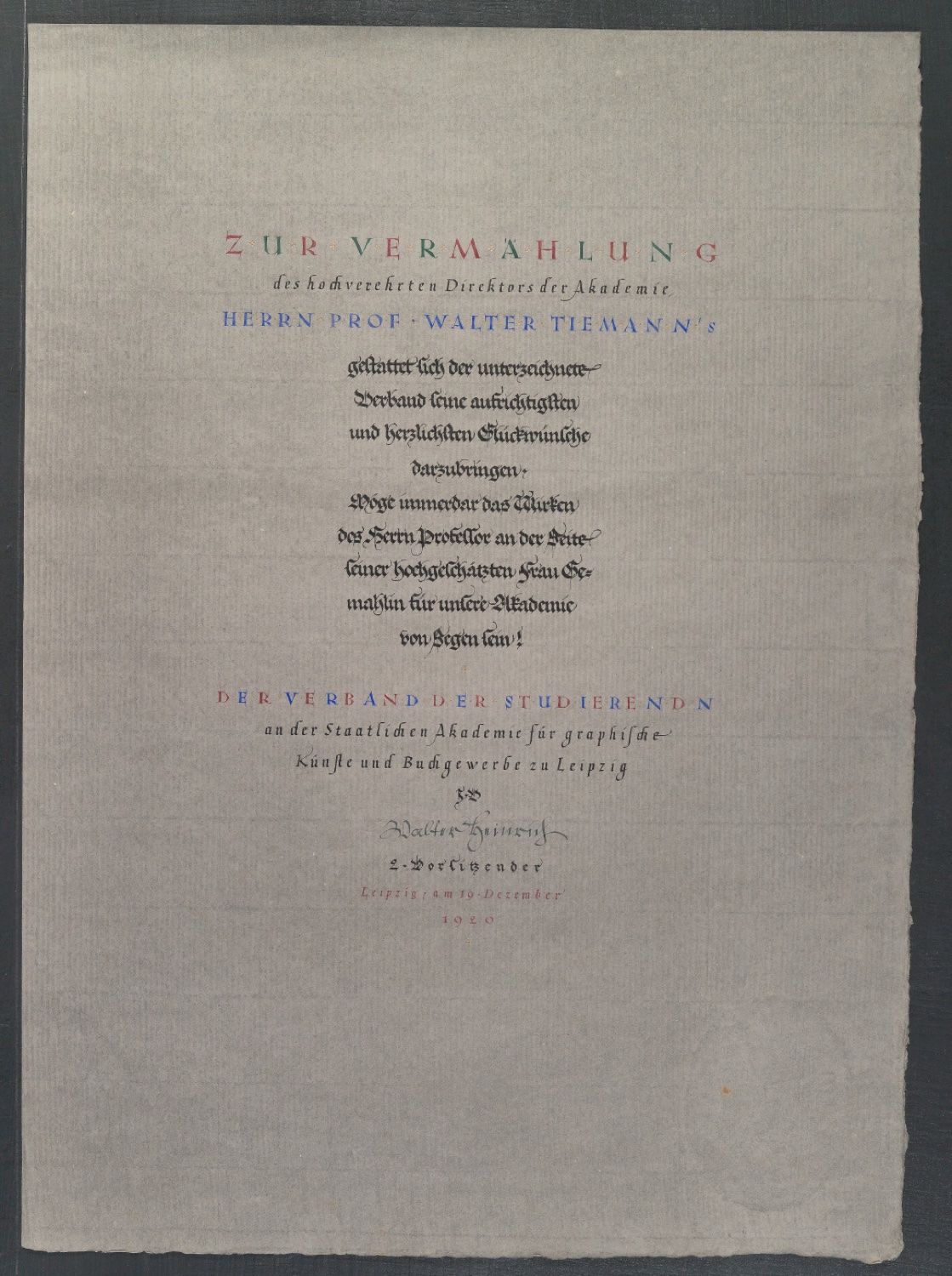 Zur Vermählung des hochverehrten Direktors der Akademie Herrn Prof Walter Tiemann — Blatt 1