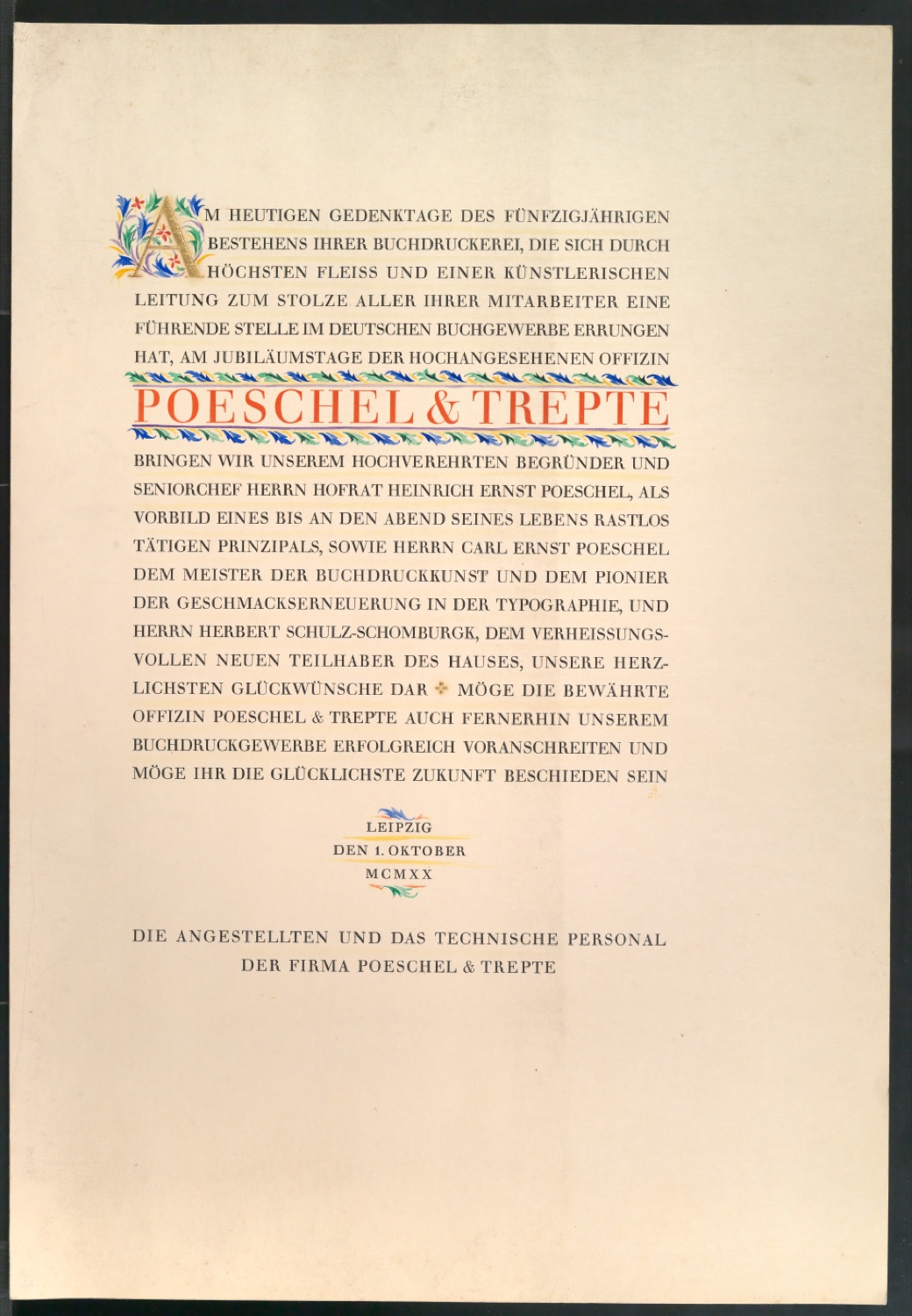 Festschrift für Heinrich Ernst Poeschel, Carl Ernst Poeschel und Herbert Schulz-Schomburgk von Angestellten und technischem Personal der Firma Poeschel & Trepte — Blatt 1