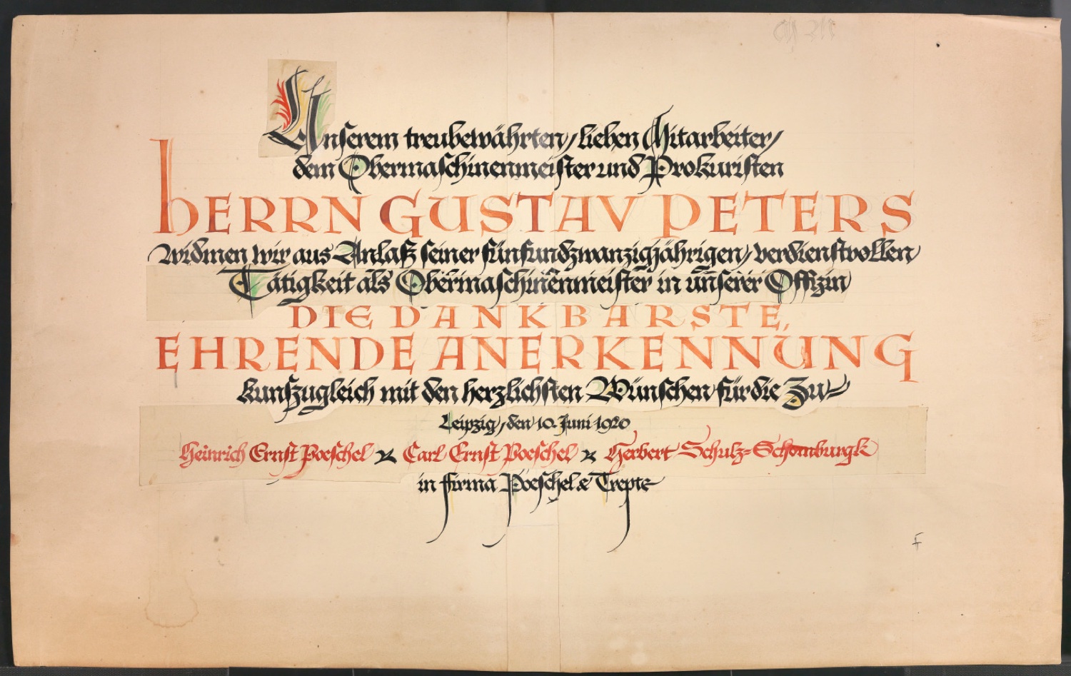 Entwurf einer Urkunde zur Anerkennung des fünfundzwanzigjährigen Dienstjubiläums des Obermaschinenmeisters Gustav Peters — Blatt 1