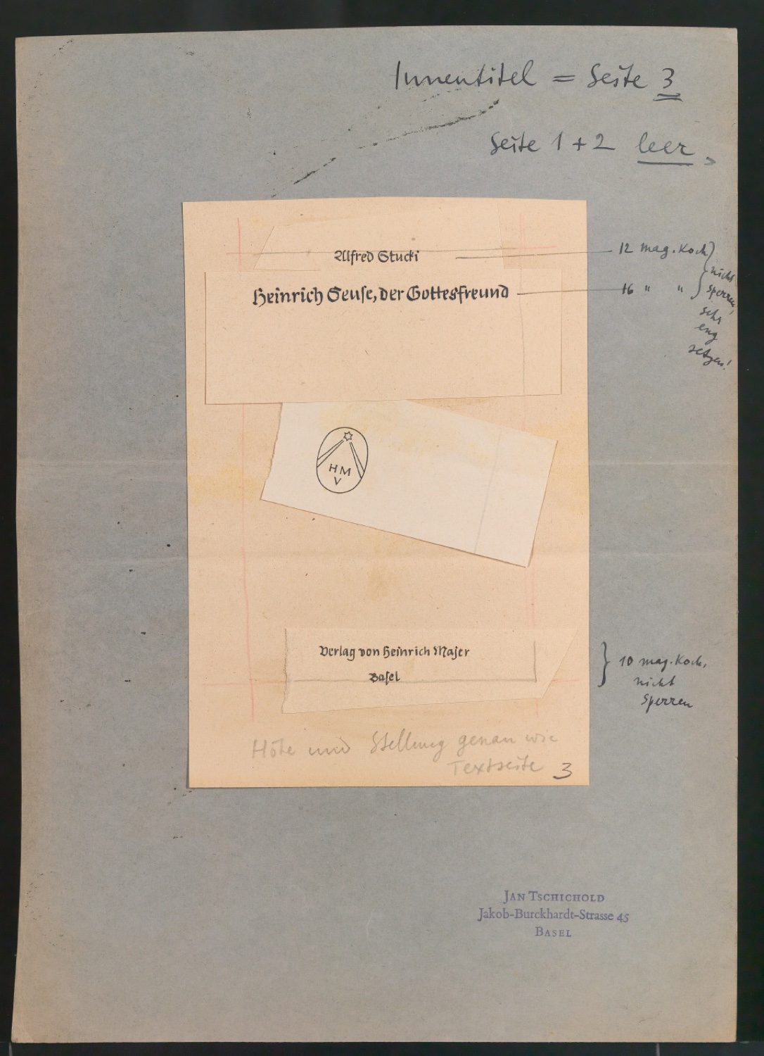 Montierter Entwurf für das Titelblatt von Heinrich Seuse, der Gottesfreund — Blatt 1